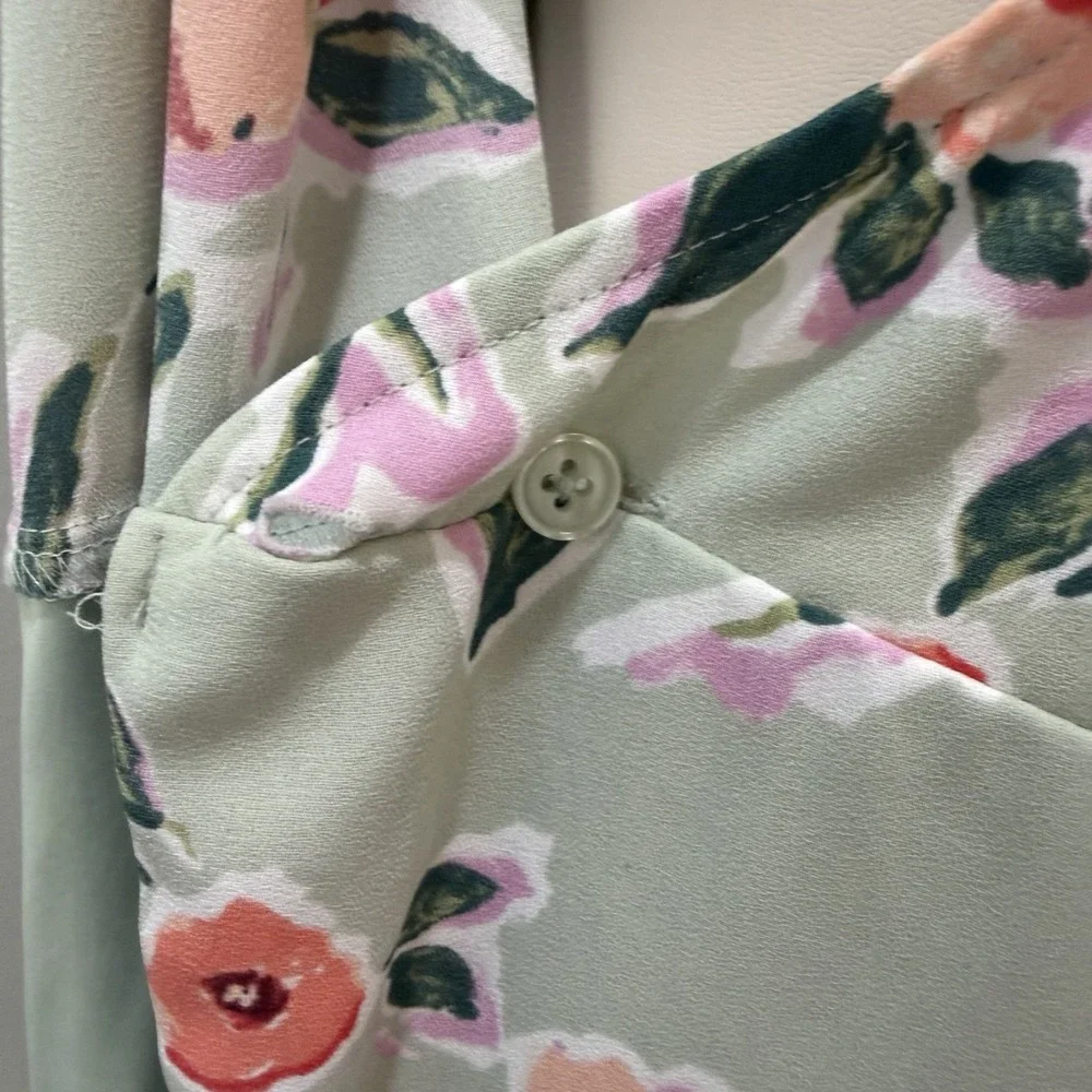 LC Lauren Conrad Size Large Sage Green Floral Faux-Wrap Midi Dress Cottagecore - Picture 9 of 15